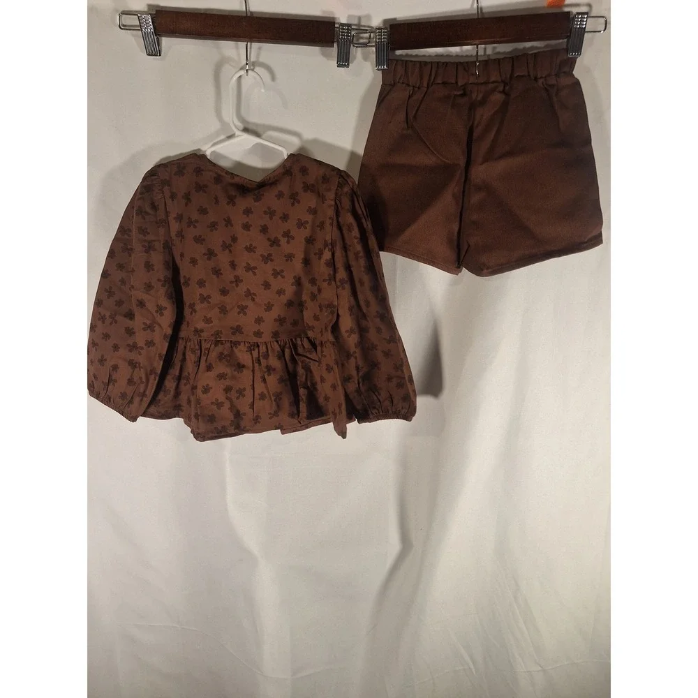 LC Waikiki Kids Brown Floral Bow Peplum Top and Shorts Set with‎ Socks 3Y-4Y